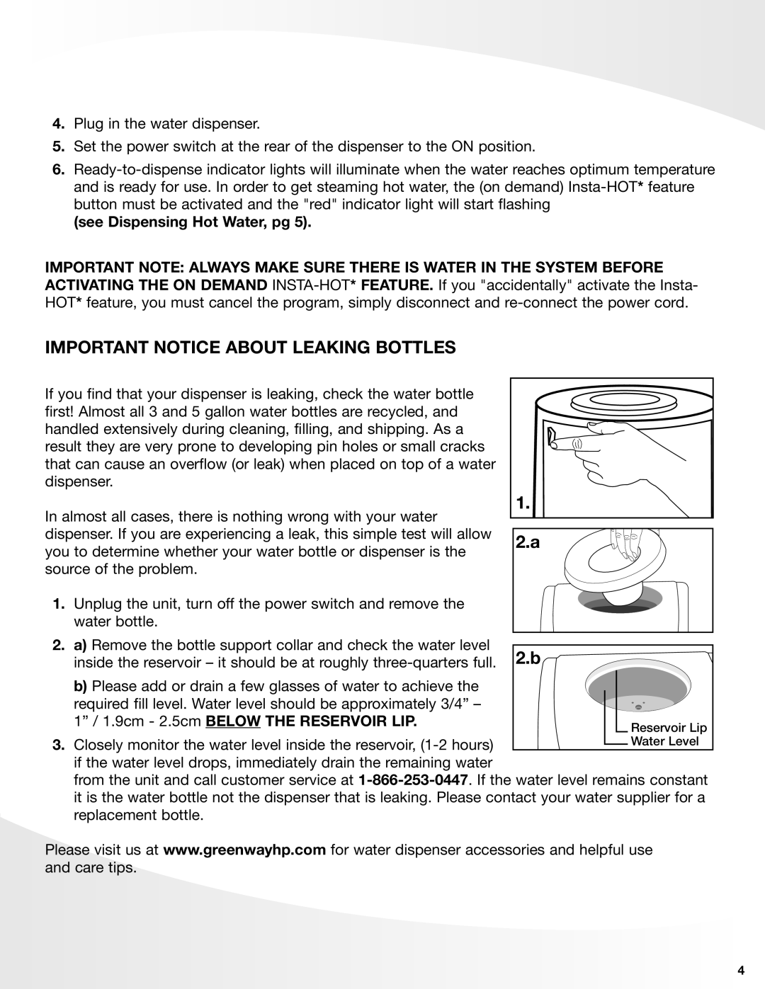 Greenway Home Products VWD2636W-1, VWD2636BLK-1 manual IMPORTANT NOTICE ABout leaking bottles, see Dispensing Hot Water, pg 